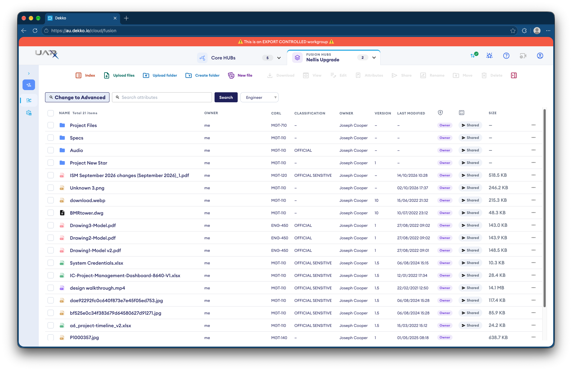 A DekkoCORE Fusion Hub with attribute columns, classification and the Index