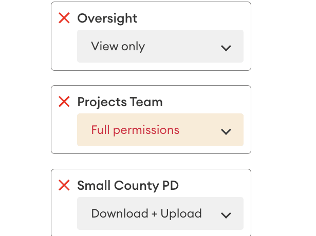 DekkoDEMS Share Case dialog showing the groups granted access to a case