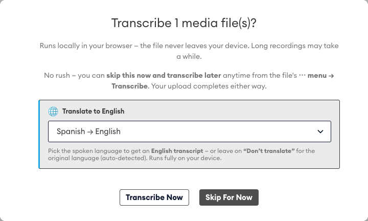 DekkoDEMS transcribe dialog with Translate to English set to Spanish, running locally in the browser